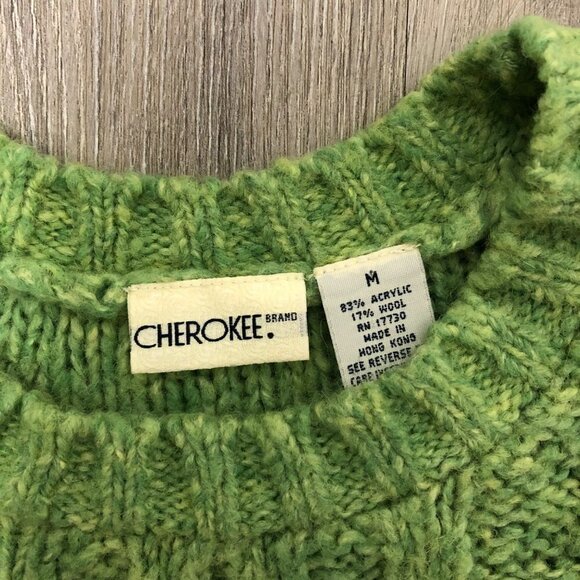 Vintage Size Medium Wool Blend Sweater Lime Green Chunky Cable Knit Cherokee - Picture 4 of 6